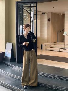 Huhu Pepper Brown ขากว้าง กางเกงยีนส์ หนา ฤดูใบไม้ร่วง ฤดูหนาว หลากหลาย หลวม Fit กางเกงลำลอง สูง เอว ยาว กางเกงขายาว สําหรับผู้หญิง