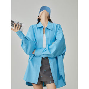 Blue Long Sleeve Loose Womens Shirt Dog Decoration Commute Style Polyester Fiber Casual Fashion Spring New Arrival Top