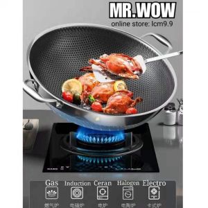 SUS 316 Stainless Steel Double Side Non Stick Honey Comb Frying Wok with both side handle/Kitchen Pan / Frying Pan/ Pot/ Wok/ Kuari/ Non stick pan/ Non stick wok/ Non stick skillet/ Kuali Hitam/ Kuali Tidak Melekat/ 不锈钢 不粘锅/ 炒锅