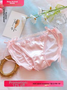 Low Waist Satin Lace Bow Tie Underwear Pink Lolita Thin Triangle Panties Sweet Style Daily Wear Polyester Fiber Pure Cotton Crotch