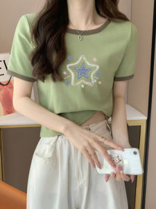 Áo Thun Nữ Tay Ngắn Thiết Kế Màu Tương Phản Thời Trang Mùa Hè 2025 Mới Nhỏ Gọn Tăng Cường Sức Mạnh Áo Thun Cotton