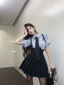 Slightly Oversized Girls American Style Preppy Style Sweet and Spicy Skirt Suit Female Summer Plus Size Pure Desire JK Fashion Shirt Suspender Skirt Two-piece Set