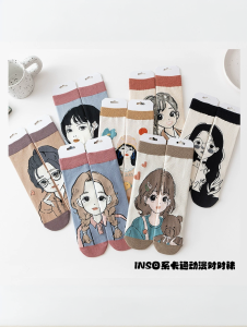 Korean Style Mid-Calf AB Version Womens Socks Cartoon Illustration Girls Trendy Cotton Socks for Students Spring Summer