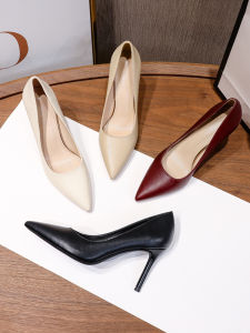 รองเท้าส้นสูงหนังแท้สำหรับผู้หญิง OL รองเท้าส้นเดี่ยวสีดำสำหรับใส่ไปทำงานในช่วงฤดูใบไม้ผลิ รองเท้าส้นเดี่ยวสำหรับใส่ไปสัมภาษณ์