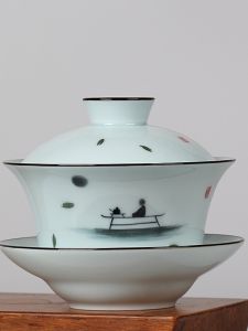 ชุดชาจีนแบบมือทำ ชามผิวสัมผัสแบบอบสด ลายดอกไม้สีเขียว ชามสี่เหลี่ยม ชามขนาดใหญ่ ชามสำหรับชาสามอย่าง