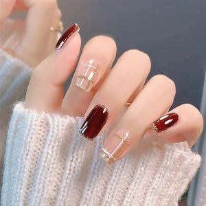 Gold Sparkle Plaid Wine Red Wearable False Nails White Enhancing Detachable Full Size Nail Stickers Trendy Girl Nail Art