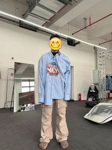 Grailz Project Vibe Asymmetric Long Sleeve Shirt Striped Earth Print Loose Fit Autumn Casual Fashion Mens Button-Up Top