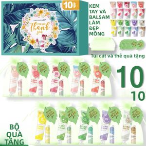 Bộ Quà Tặng 10 Món Gồm 10 Mùi Hương Kem Dưỡng Tay & Son Môi Kèm Túi Quà Bằng Vải Gạc Và Thiệp Tình Yêu