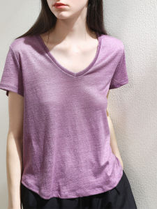 Miccbeirn | Pure Linen Knitted Texture Short Sleeve T-Shirt Casual V-Neck Commute Cool Feeling Loose Fit Inner Wear Summer Top