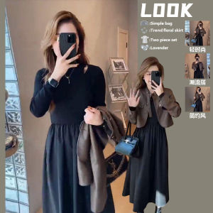 2024 Autumn New Style French Retro Short Leather Jacket Black Dress Set Fashionable Mini Size plus Womens Ensemble