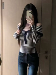 Slim Fit Striped One Shoulder Base Shirt Long Sleeve Womens Inner Wear T-Shirt Suitable for Early Autumn Spring And Winter