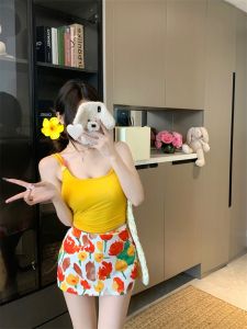GUZILIAN | Daisy Flower Design Halter Top Vest Womens Half-length Skirt Set With Chest Pad Double Shoulder Strap Fashionable Commute Style