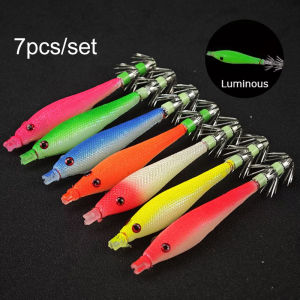 Ackibbik 7pcs/set 11cm Squid Lure Jig Hook Luminous Lure Bait Saltwater  Luminous Squid Hooks Squid Hook Wooden Shrimp