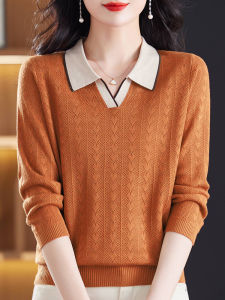 Knitted Sweater for Women Loose Fit Thin Section Long Sleeves with Polo Collar New Style Spring Autumn 2023 Fashionable Large Size for Middle-aged Mothers