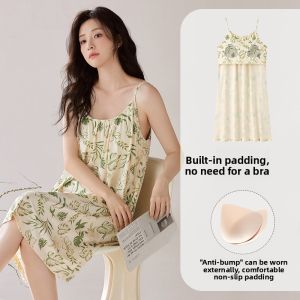 Miiow | Cat Woman Summer Thin Strap Floral Print Sleep Dress With Chest Pad Womens Loose Plus Size Cotton Blend Elastic Fiber Dress