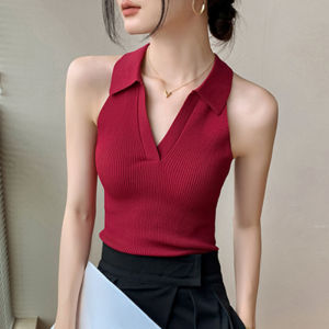 GEBEISHANG | Vintage Red Halter Top Summer Fashionable V-Neck Sleeveless Top