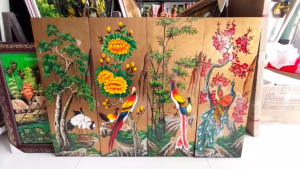 Bộ Tranh sơn mài 4 tấm TÙNG CÚC TRÚC ĐÀO vẽ đắp nổi cao cấp trên nền dát vàng size118.5 x83 x2.5 cm