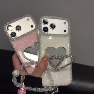 Wrist Strap Love Heart Mirror Diamond Bling Holder Phone Case for IPhone 17 16 15 Plus 14 13 12 11 Pro Max Protective Cover