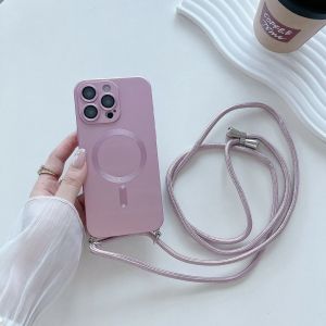 Fashion Magnetic Phone Case for iPhone 18 17 16 15 14 Plus 13 12 ProMax with Crossbody Strap Shockproof Matte Lanyard Rope Cover