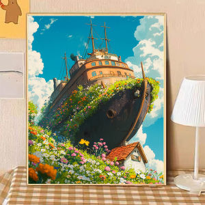 Bandai | Fantasy Flower Ship Castle Floating Vessel Sky Paint by Numbers Oil Painting Modern Wall Art for Living Room Home Decor Unframed