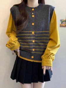 Slimming Layered Sleeveless and Long Sleeve Blouse Big Size Spring Autumn