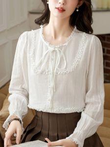 French Style Long Sleeve Chiffon Lace Sash Shirt Womens Autumn Thin Short Top Button Placket Loose Fit round Neck Open Cardigan