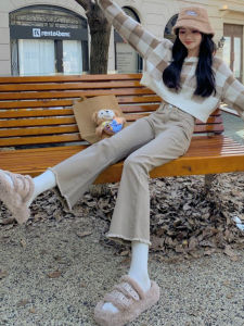 Khaki Flared Jeans Womens High Waist Slimming Versatile Korean Style Eighteen Cotton Casual High Waist Flared Jeans