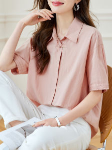 New Chinese Style Womens Casual Shirt Summer 2025 Short Sleeve Loose Fashion Top Button Cotton Korean Version POLO Collar