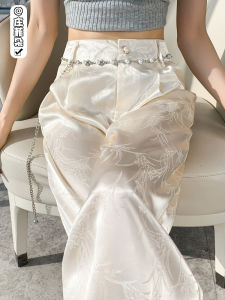 New Chinese Style Satin Ice Silk Wide Leg Pants Women Summer National Style Embroidered Acetate Lightweight Cool Feeling Straight Floor-Length Trousers