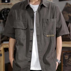 เสื้อเชิ้ตแขนสั้นสไตล์อเมริกันย้อนยุคสำหรับผู้ชาย ทรงหลวม แฟชั่นฤดูร้อน เสื้อเชิ้ตแขนยาวแบบลำลอง ใส่ได้ทุกวัน ผ้าฝ้ายผสมโพลีเอสเตอร์