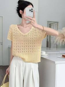 Icy Silk V-Neck Knitted Short Sleeve T-Shirt Summer Tops
