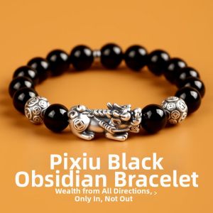 FUGUANGPUZHAO | Mens 999 Pure Silver Black Obsidian Bracelet