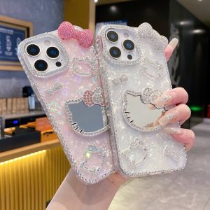 กระจกซีรีย์กรอบ & หนามเตย3D ติดโบว์เคสโทรศัพท์ IMD ลายแมวประดับเพชรหลายแบบพร้อมสร้อยข้อมือสำหรับ iPhone 11 12 13 14 15 16ซีรีส์