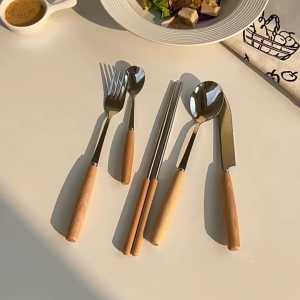 Snug Wood Handle Material Stainless Steel Tableware Cutlery Set Knife Fork Spoon Chopsticks