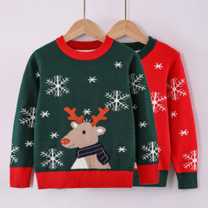 Childrens Christmas Sweater Red Boys Autumn and Winter Thickening Knitwear Girls Cartoon Bottoming Shirt Baby New Year Clothes