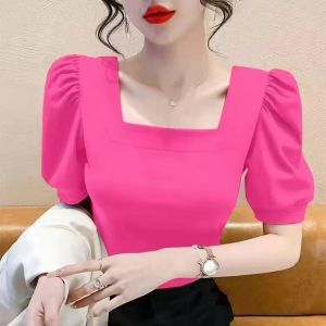 Elegant Square Collar Bubble Sleeve Short T-Shirt Womens Slim Fit Red Top Fashionable Commute Style Youthful Pure Color
