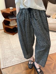 Pure Cotton Plaid Print Belted Casual Pants Womens Nine-Piece Pants Comfortable Breathable Wide Leg Pants Casual Style