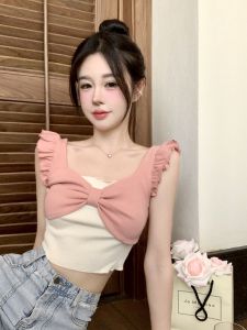 Áo Thun Nữ Tay Ngắn Cổ Chữ V Dáng Ôm Mùa Hè 2022 Áo Thun Tay Ngắn Hở Bụng Thiết Kế Bướm Giả Hai Mảnh