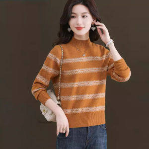 Autumn Winter Loose Half High Neck Short Womens Striped Versatile Base Knitwear Loose Slimming Sweater Comfortable Fit Commute Style