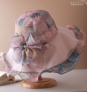 หมวกกันแดดผ้าโปร่งสไตล์ยุโรปสำหรับผู้หญิง หมวกทรงกลมพับได้ หมวกชายหาด หมวกฤดูร้อน หมวกกันแดด หมวกแฟชั่น