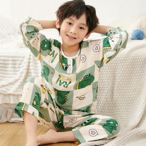 Kids Pajamas Boy Summer Cotton Silk Thin Long-Sleeve Suit Childrens Boy Dinosaur Cotton Silk Air Conditioning Room Homewear
