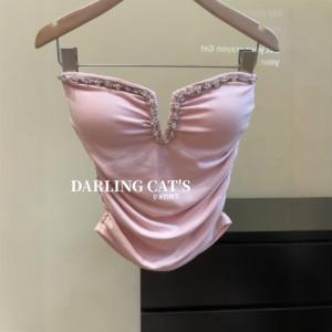 Korean Style Heavy Embellished Diamond Bustier Vest Women Early Autumn Pure Desire Slim Fit Inner Wear Top Pleated Design