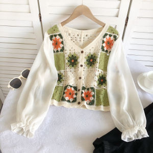 Fashionable All-Matching V-neck Hollow Color-Contrast Check Chiffon Long Sleeve Patchwork Knitting Fake Two Pieces Shirts Top for Women