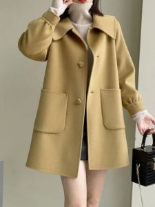 Sweet Style Doll Collar Woolen Coat Womens Mid-Length Slim Fit Cardigan Korean Style Single-Breasted Long Sleeve Coat