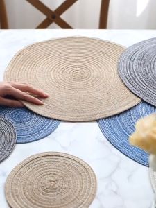 DuduMart Placemats For Dining Table Heat-Resistant Round Design Washable Ramie Anti-Slip Cup Coasters