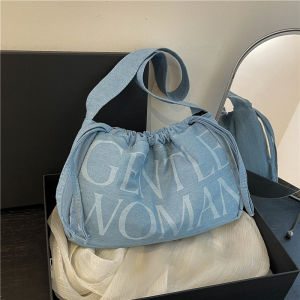 Denim Dumpling Bag Single Shoulder Bag Underarm Bag Drawstring Letter Print Fashionable Soft Cotton Small Size Handbag