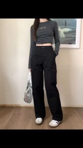 กางเกงขายาวคาร์โก้หญิง ทรงกระบอกเอวสูง สไตล์เกาหลี มี3สีพร้อมส่ง