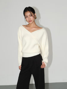 เสื้อสเวตเตอร์คอวีสีดำหลวมๆ สำหรับผู้หญิง แขนยาว ฤดูใบไม้ร่วง/ฤดูหนาว เสื้อคลุมกันหนาวแบบสวมหัว แฟชั่นสตรีท โพลีเอสเตอร์ อะคริลิก ไนลอน