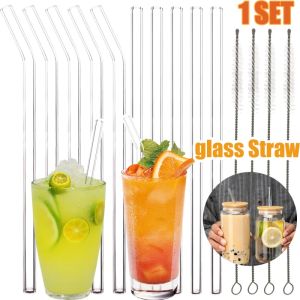 5Pcs/Set Transparent Straight/Curved Reusable Glass Straw with Brush Heat-Resistant Environmentally Friendly Suitable for Coffee Juice Drinks Smoothies