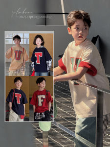 Spring Summer Short Sleeve Boys T-Shirt Cotton round Neck Letter Pattern Korean Style Childrens Clothing Elementary School Kids